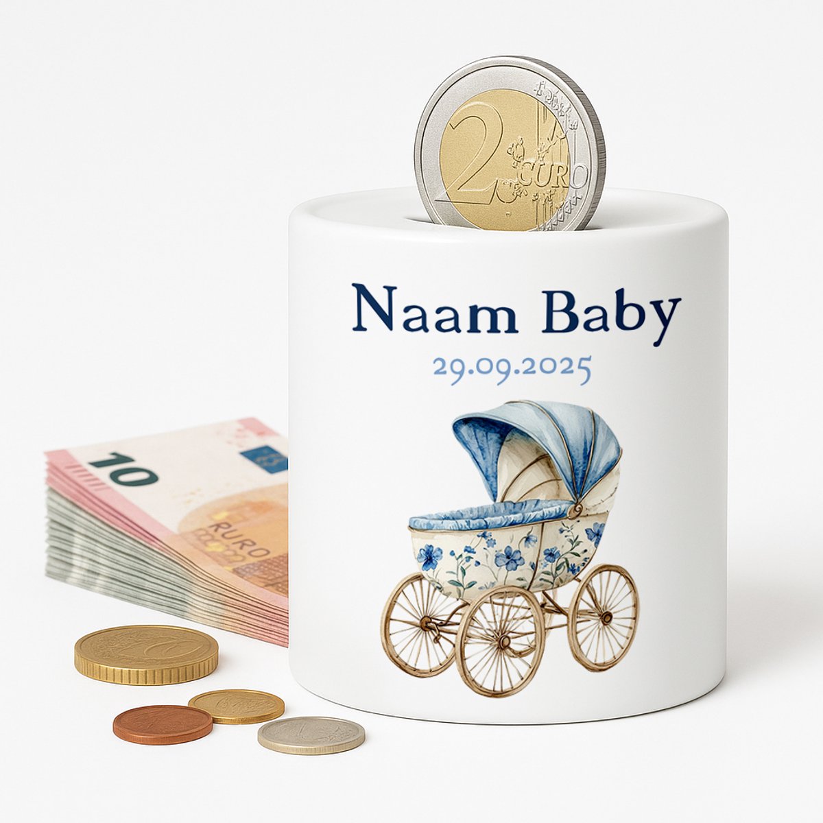 Gepersonaliseerde Baby Spaarpot – Met Naam en Geboortedatum – Blauw Kinderwagen