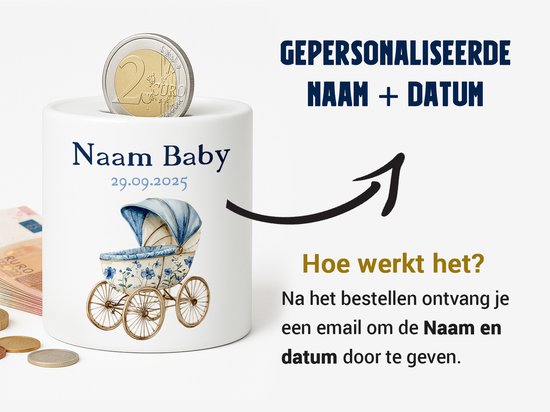 Gepersonaliseerde Baby Spaarpot - Met Naam en Geboortedatum - Blauw Kinderwagen van Merkloos — afbeelding 2