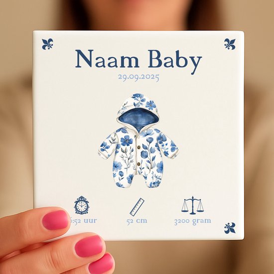 Gepersonaliseerde Baby Tegeltje - Met Naam, Geboortedatum, Gewicht, Lengte en Tijd - Blauw Rompertje van Hout en Plezier — afbeelding 2