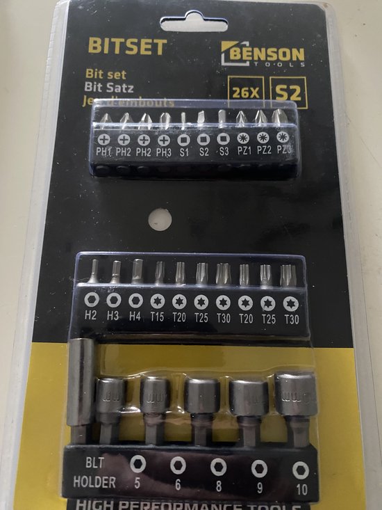 Benson Tools bitset met 26 stuks, inclusief schroefbits en doppen.