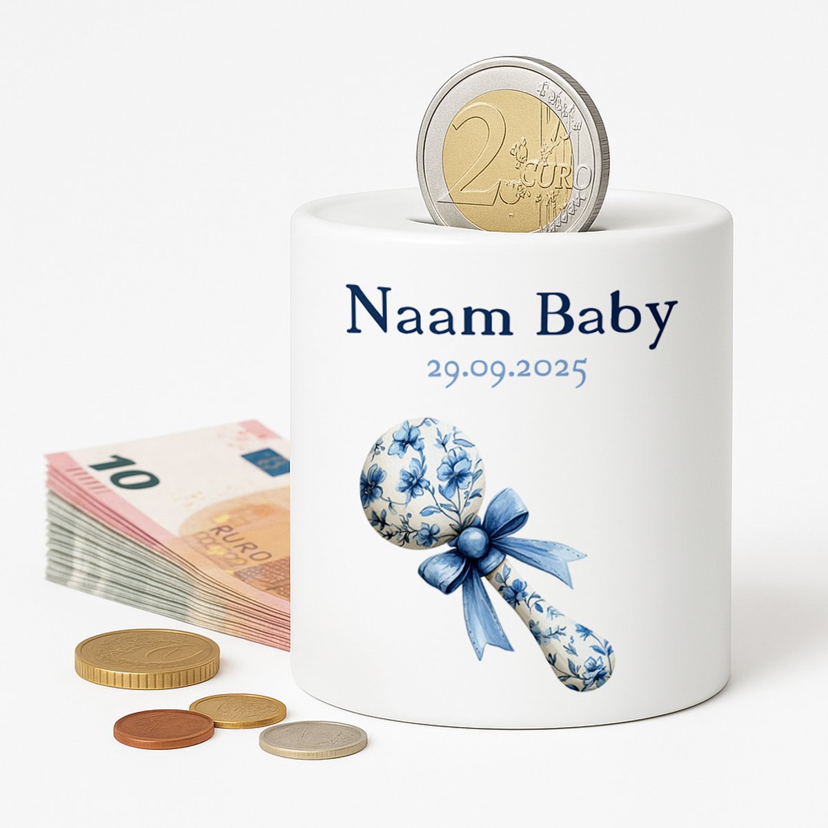Gepersonaliseerde Baby Spaarpot – Met Naam en Geboortedatum – Blauwe Rammelaar