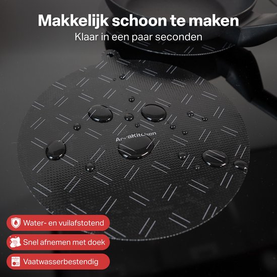 Waterdruppels op een zwarte inductiebeschermer met ruitpatroon.