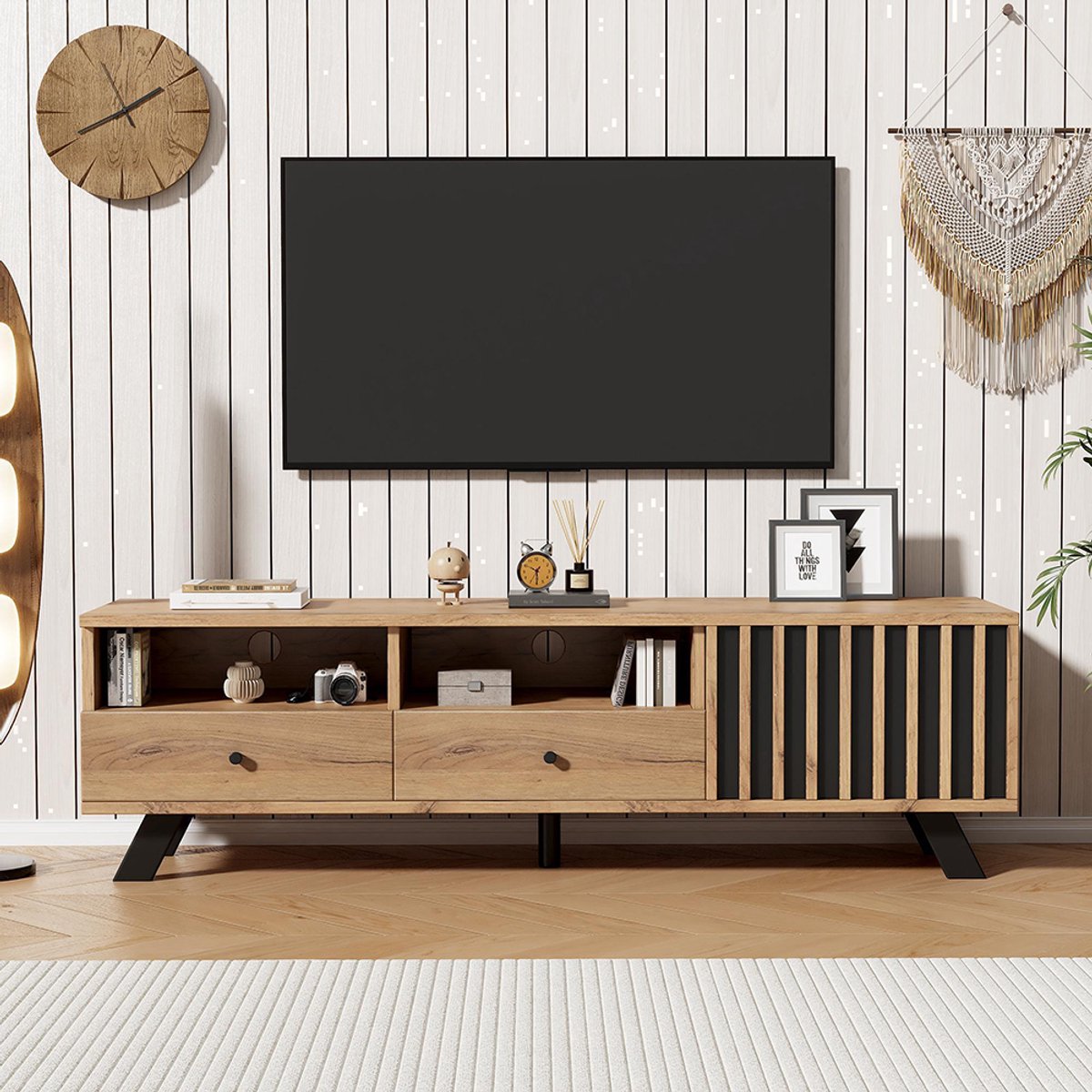Pugsdrly TV-meubel 150*38*44 cm, klein TV-meubel, TV-meubel met 2 lades, laag meubel met k