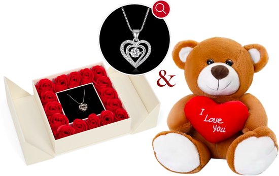 Coffret Cadeau Fleurs & Roses Collier Ours & Hartjes | Collier Dames |Boîte à bijoux | Femme | Petite amie | Mère | Fille | Anniversaire | Cadeau | Coffret cadeau Femme | Boîte à bijoux | Pétales de rose |
