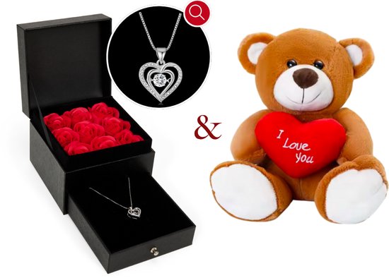 Coffret Cadeau Fleurs & Roses Collier Ours & Hartjes | Collier Dames |Boîte à bijoux | Femme | Petite amie | Mère | Fille | Anniversaire | Cadeau | Coffret cadeau Femme | Boîte à bijoux | Pétales de rose |