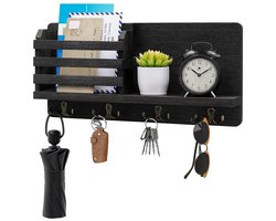 BOTC Sleutelrekje - Sleutelrek met postvak - Sleutelhouder 8-Haaks met Legplank en Hangrail - Hout - Wandhaken - Zwart