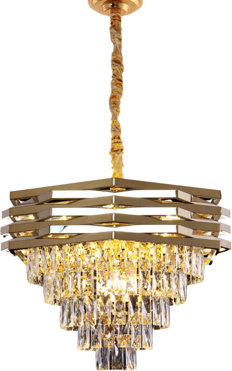 Hanglamp met kristal - 8 lichtpunten - E14 fitting - goud - verstelbaar in hoogte - diameter: Ø50cm