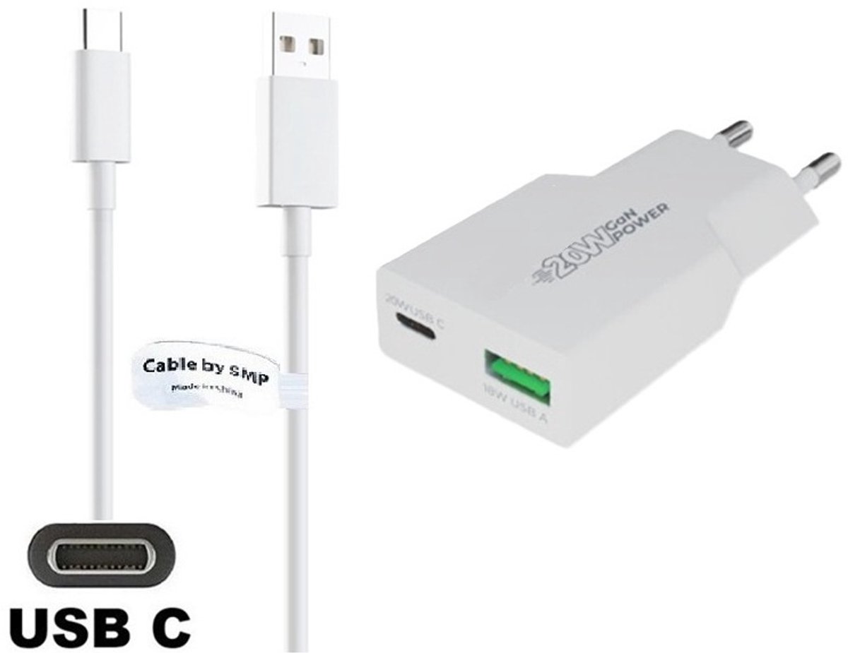 OneOne 20W snellader met 2 poorten + 1,8m sterke USB C kabel. PD PPS lader. GAN oplader adapter past op Universeel Microsoft, LG, Lenovo, HTC, Honor, Samsung Galaxy, Huawei, Motorola Moto, Google Pixel, Xiaomi, Kobo (Rakuten)