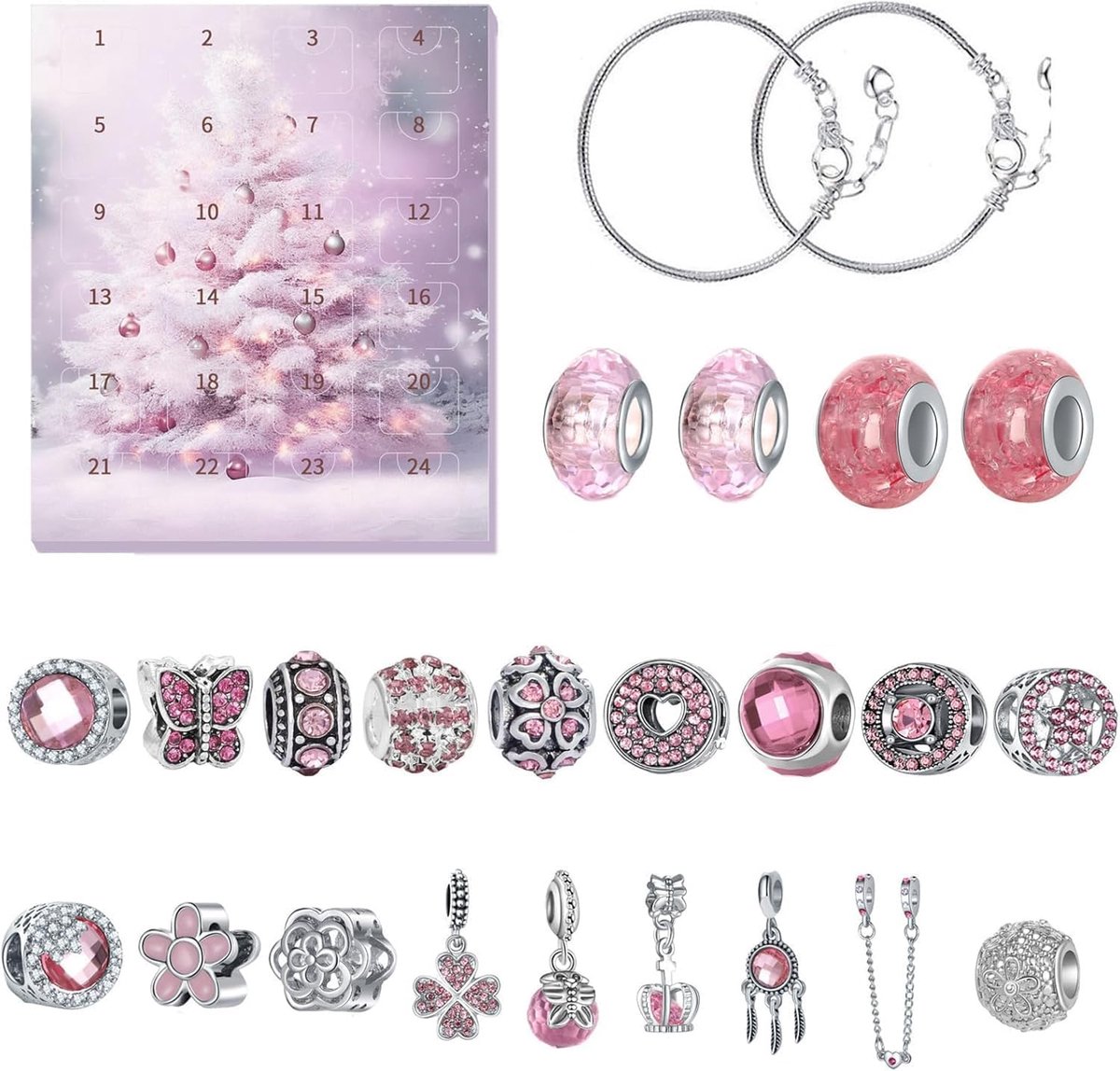 Adventskalender 2025 voor armbanden met 22 bedels en 2 armbanden- unieke 24-daagse adventskalender (roze)