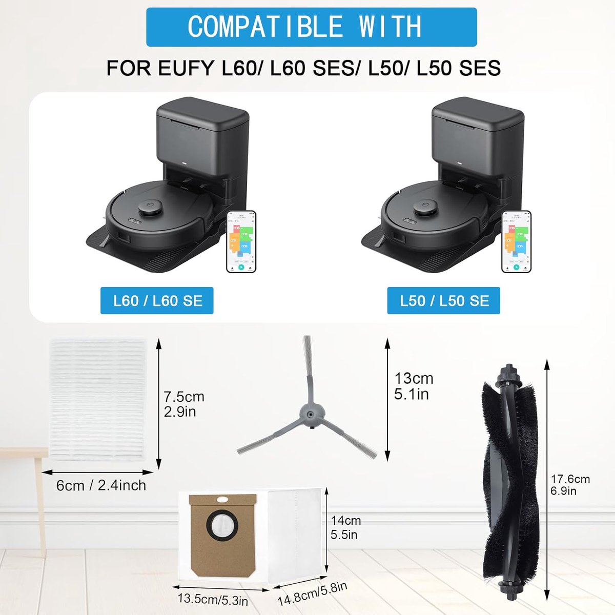 Accessoireset - Geschikt voor Eufy G50 & L60 Hybrid (SES) - L60 - L60 SES - L50 - L50 SES - Onderdelen - voor robotstofzuiger - Met HEPA Filters, Roller, Zijborstels, Mopdoeken & Stofzakken - Vervangingsonderdelen - 17-Delige Set — afbeelding 2