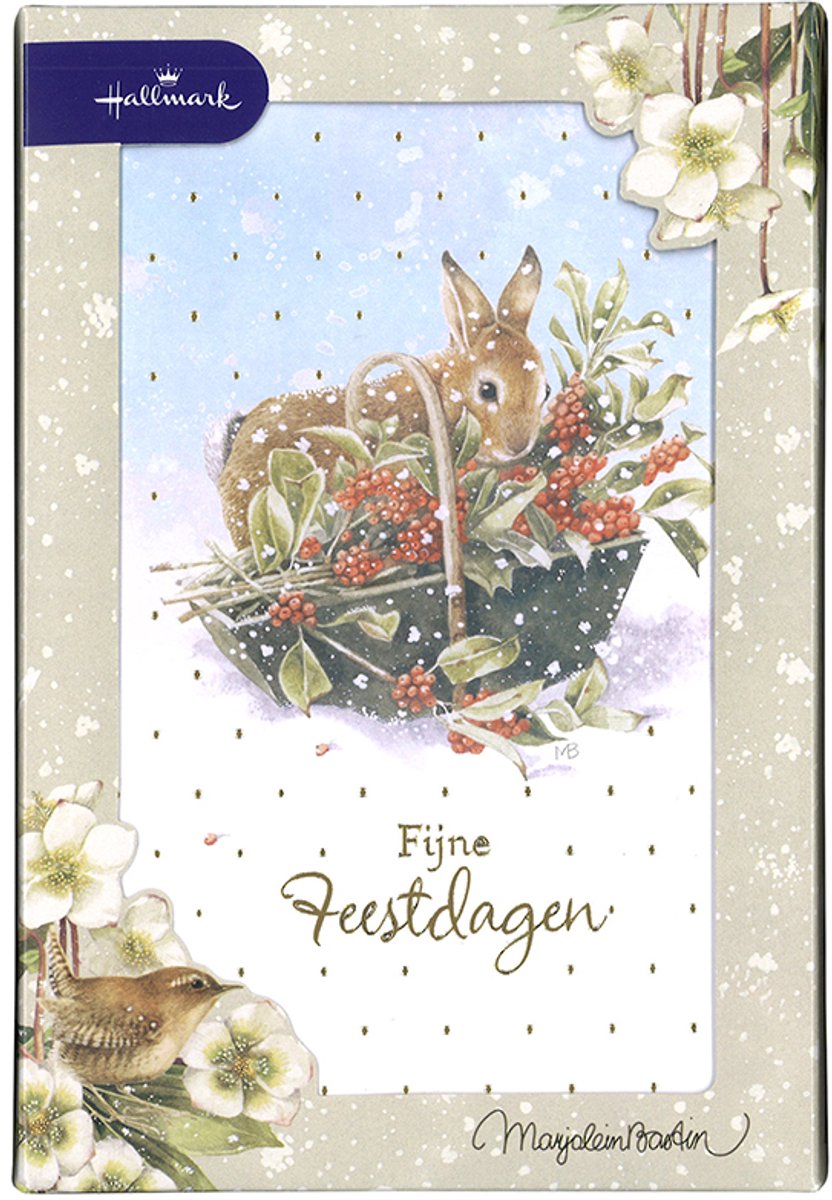 tin - 20 Kerstkaarten - Konijn & mand - Goudfolie - Kerst - Nieuwjaar - 12,5 x 18 cm
