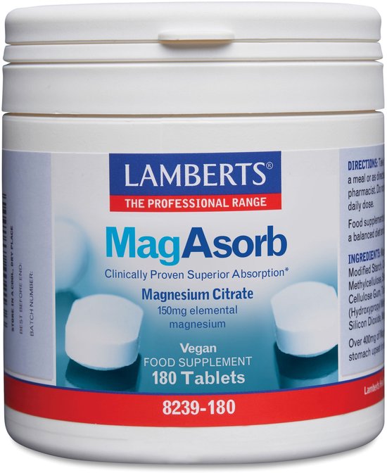 Witte pot met 180 tabletten Lamberts MagAsorb Magnesium Citraat.