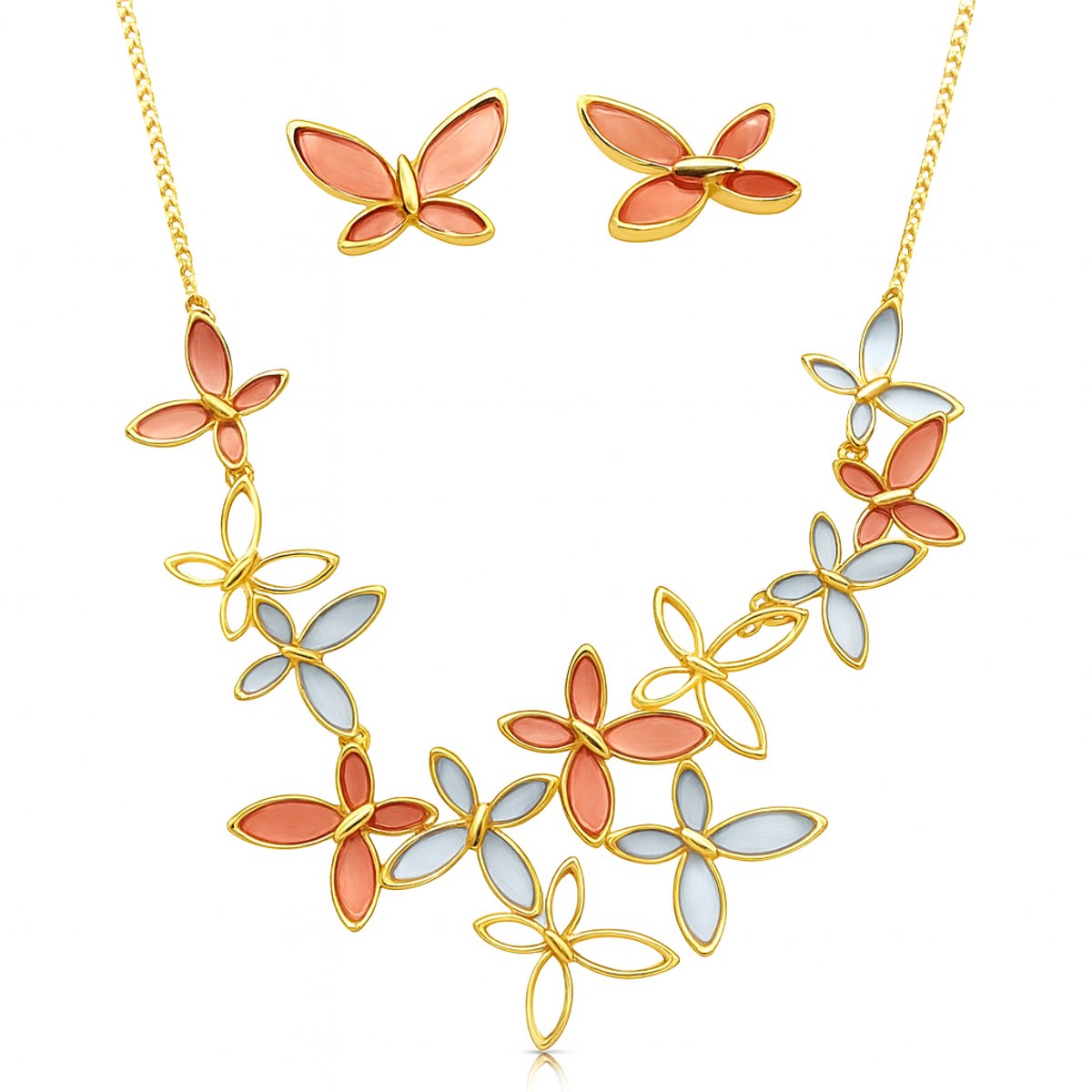 Dames Sieradenset – Goudkleurige Ketting en Oorbellen met Rood-Blauwe Vlinder en Opengewerkt Design