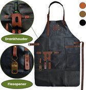 Leren Schort Mannen - Zwart – Stoer Lederen Schort Man BBQ Accessoire echt Leer Heren met Drankhouder Handdoeklus Flesopener en Opbergvak – Kookschort voor Barbecue of Keuken – Ideaal Barbecueschort Cadeau voor Vaderdag, Kerst of Verjaardag