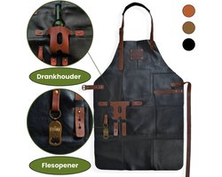 Leren Schort Mannen - Zwart – Stoer Lederen Schort Man BBQ Accessoire echt Leer Heren met Drankhouder Handdoeklus Flesopener en Opbergvak – Kookschort voor Barbecue of Keuken – Ideaal Barbecueschort Cadeau voor Vaderdag, Kerst of Verjaardag