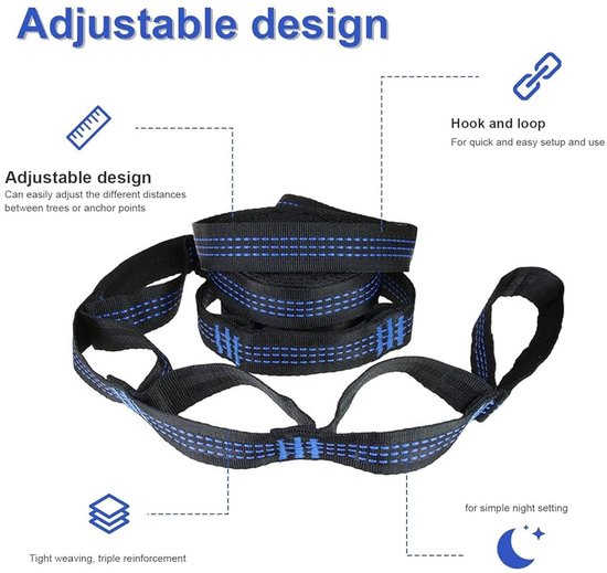 Foydream 2-delige Hangmatbevestiging – 3 M Touw, 25 Mm Breed, 10 Lussen, 300 Kg Draagkracht