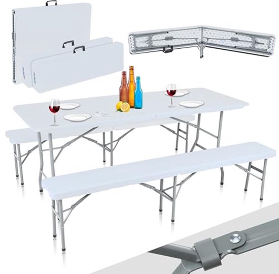 Strattore Biertentgarnituur van Kunststof 2x Bierbank 1x Klaptafel Draagbare Feesttentgarnituur Opvouwbare Klapbare Tuinset in Zwart