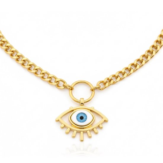 Collier doré avec pendentif œil - collier pour femme - chaîne à gros maillons - pendentif fantaisie avec motif œil bleu