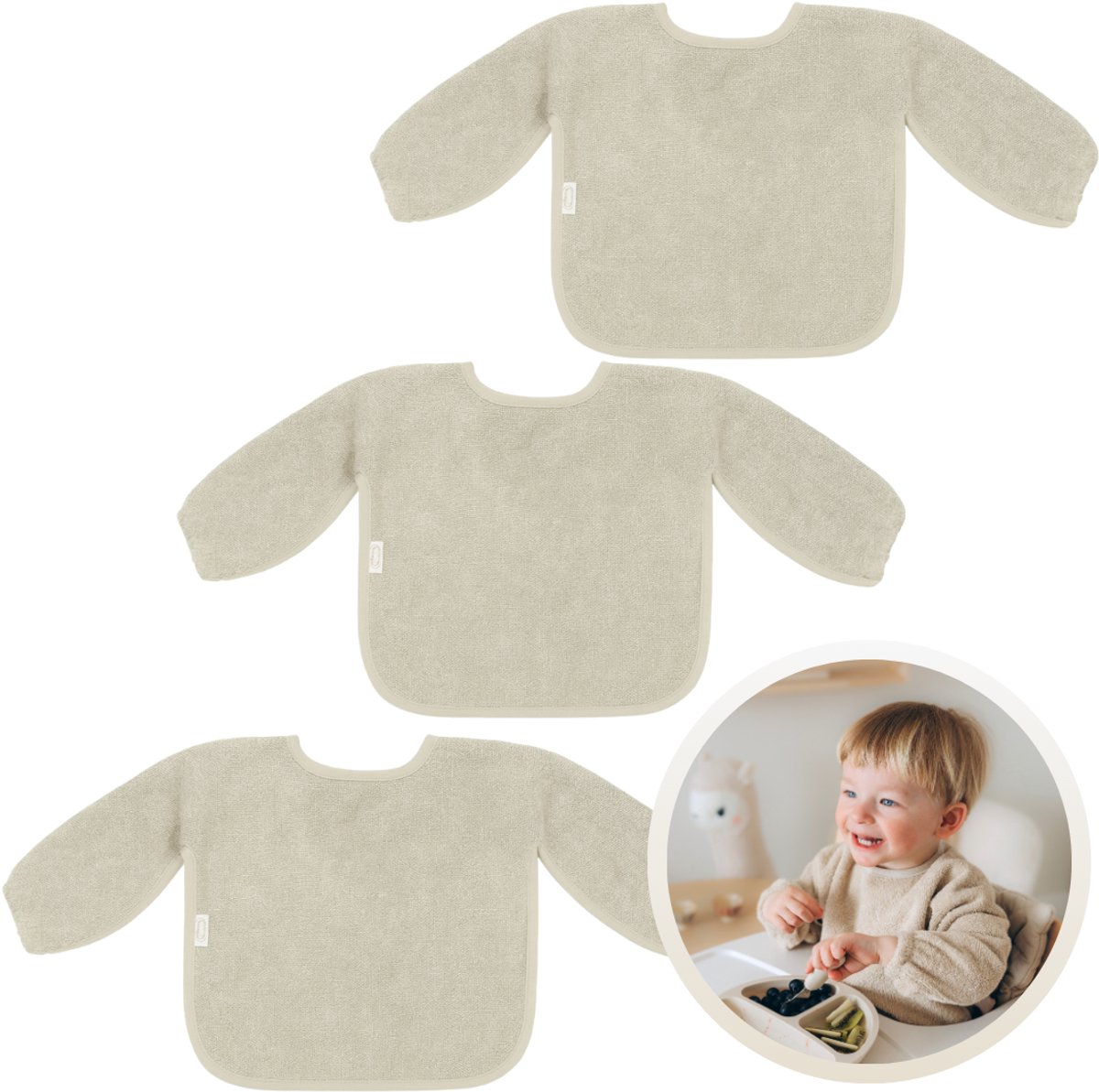 Funnies Slab met Mouwen 3-Pack Sand Stone Grey - Set van 3 Zachte Slabbetjes voor Baby’s - 100% Katoenen Badstof - Makkelijk Wasbaar in de Wasmachine - Slabbetjes, Kwijlslab, Eet- en Speelslab - Ideaal voor Eten, Knutselen en Spelen