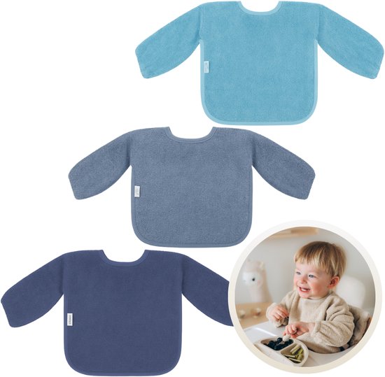 Funnies Slab met Mouwen 3-Pack Blauwe Tinten - Set van 3 Zachte Slabbetjes voor Baby’s - 100% Katoenen Badstof - Makkelijk Wasbaar in de Wasmachine - Slabbetjes, Kwijlslab, Eet- en Speelslab - Ideaal voor Eten, Knutselen en Spelen