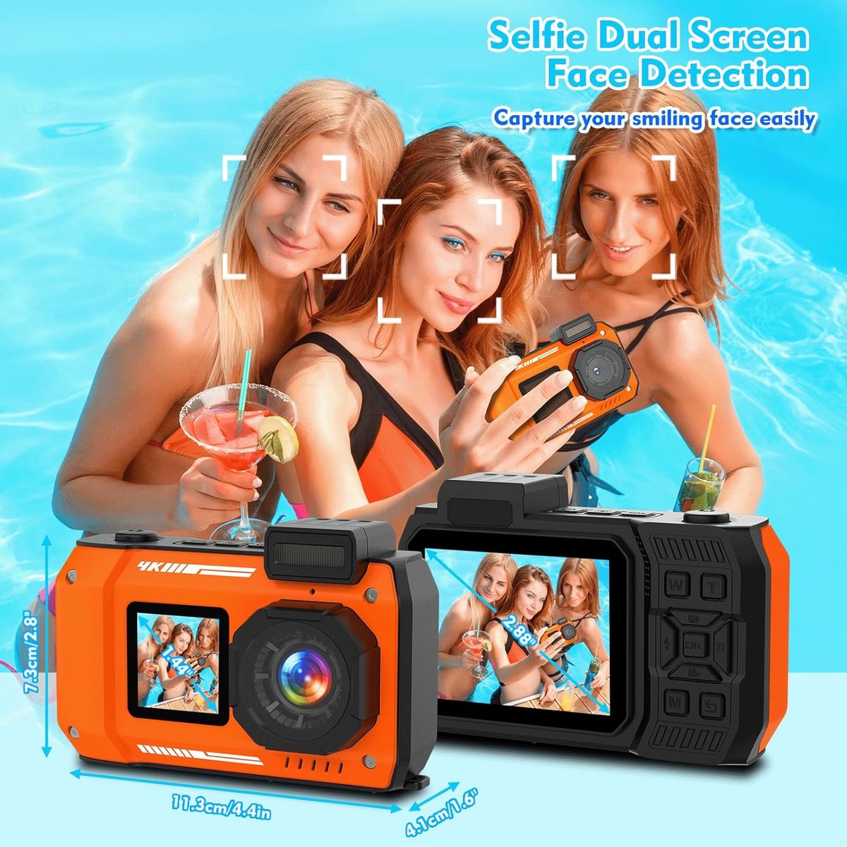 Onderwatercamera 33FT/10M 4K 48MP waterdichte camera met 32GB-kaart Dubbel scherm Robuust Stofdicht Schokbestendig Autofocus Selfie Digitale camera voor Snorkelen Duiken Sport Reizen (oranje) thumbnail 4