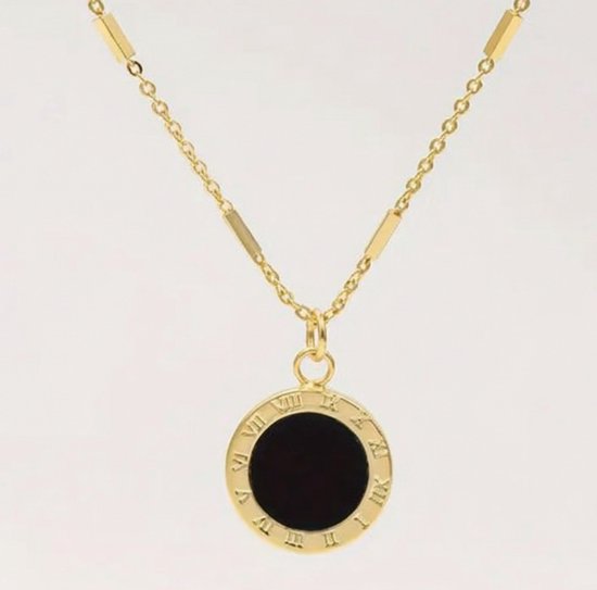 Collier doré pour femme - chaîne à maillons avec pendentif - pendentif rond avec pierre noire et chiffres romains