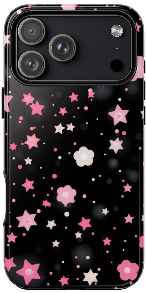 Roze en Witte Sterren en Bloemenpatroon – Telefoonhoesje Geschikt voor iPhone 17 Pro Max
