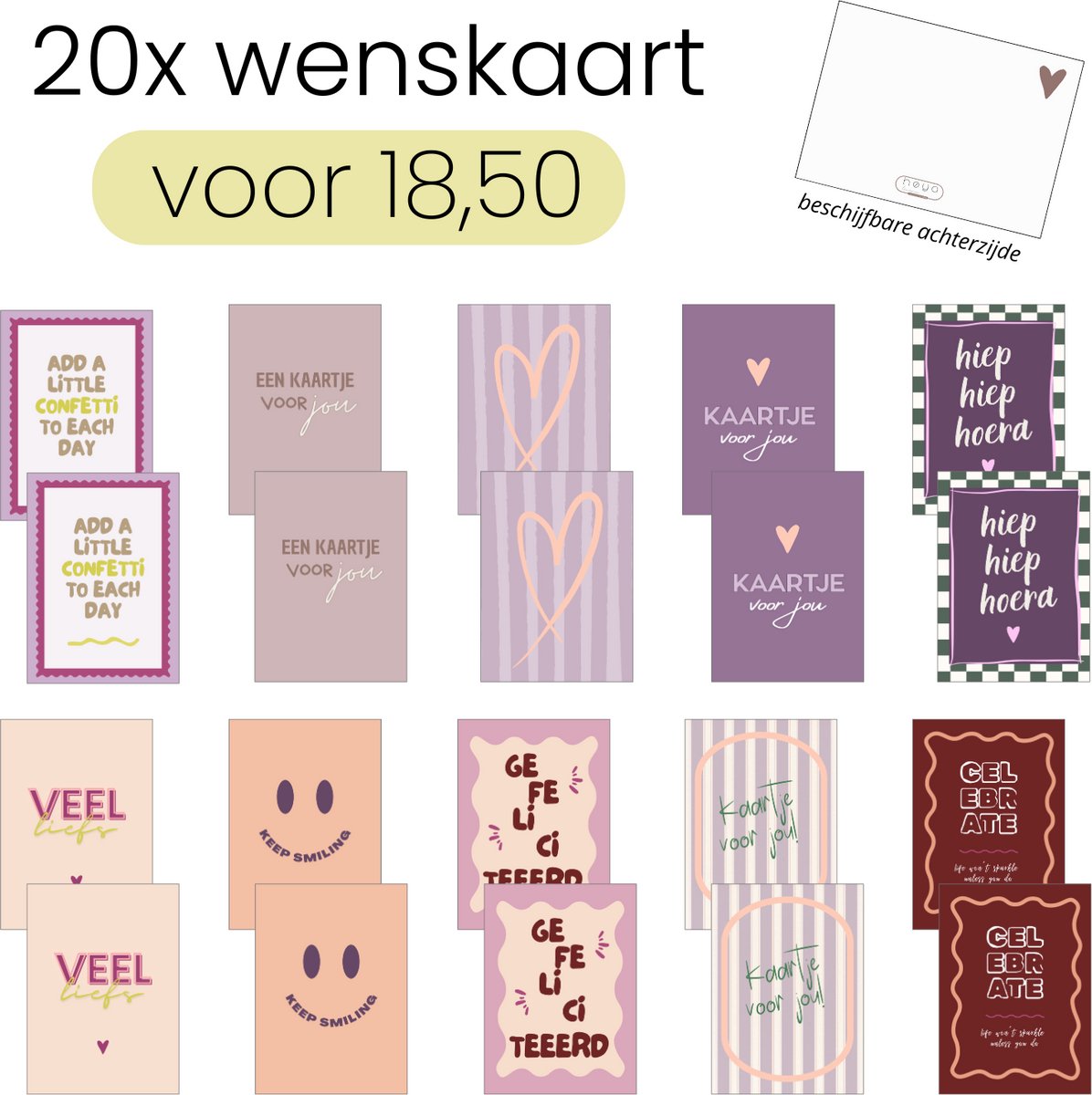 Hoya living - kaarten set - 20 stuks - Set-nr. 1 - 14.8 x 10,5 cm - achterzijde beschrijfbaar - wenskaarten - kaartjes