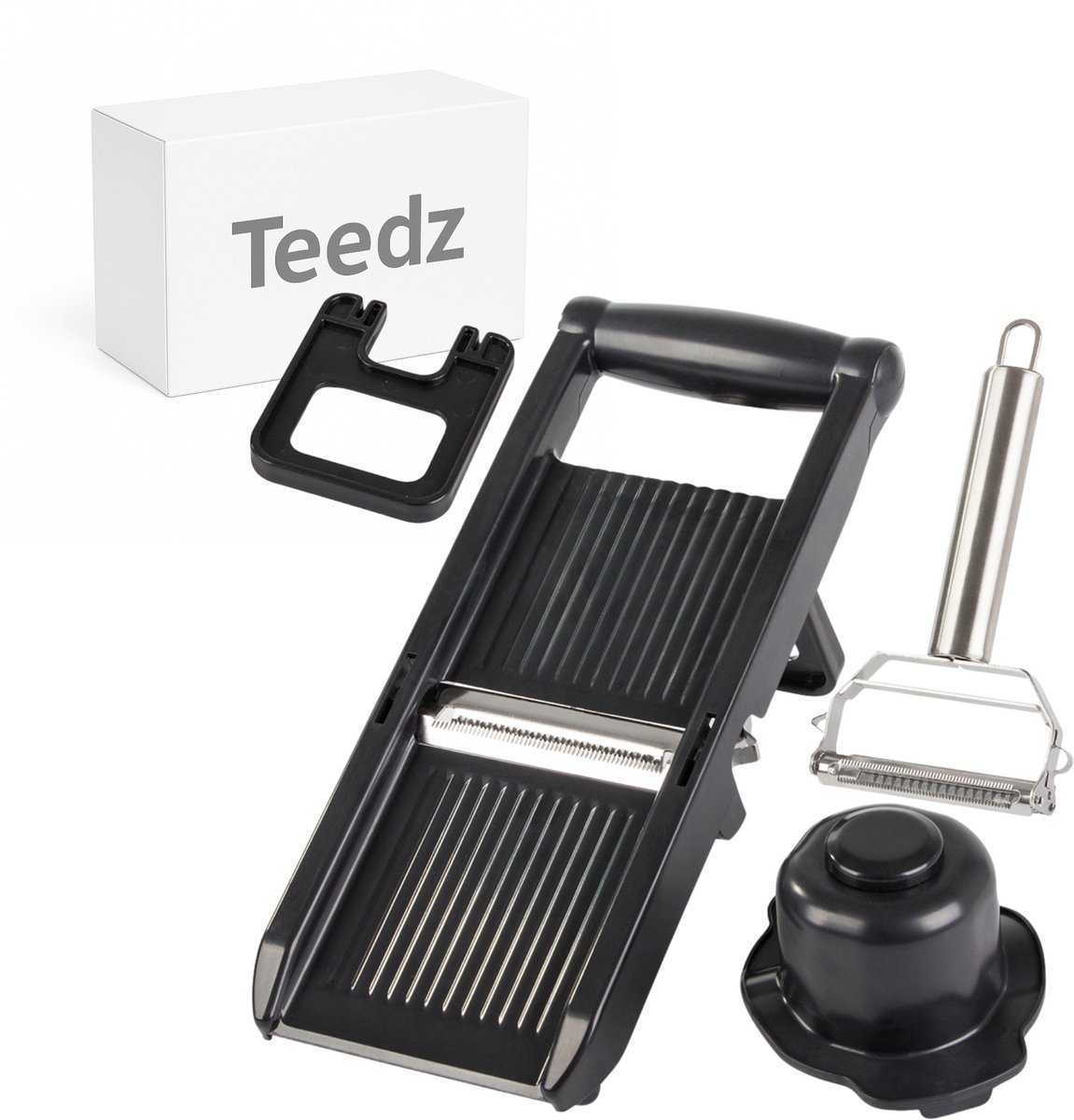 Teedz Mandoline Slicer – Groentesnijder & Rasp – Inclusief Dunschiller en Veiligheidshouder – Multifunctioneel – Zwart - RVS - Luxe Groentesnijder Mandoline - Mandoline Snijder Roestvrij Staal