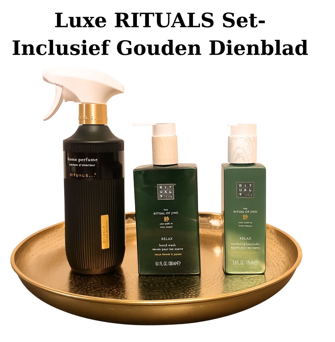 Rituals - Geschenkset - Jing - Hand Wash 300 ml + Kitchen Hand Balm 175 ml + Huisparfum 400 ml + Gouden Dienblad - Cadeau Set - Rituals Producten - Handzeep 300 ml