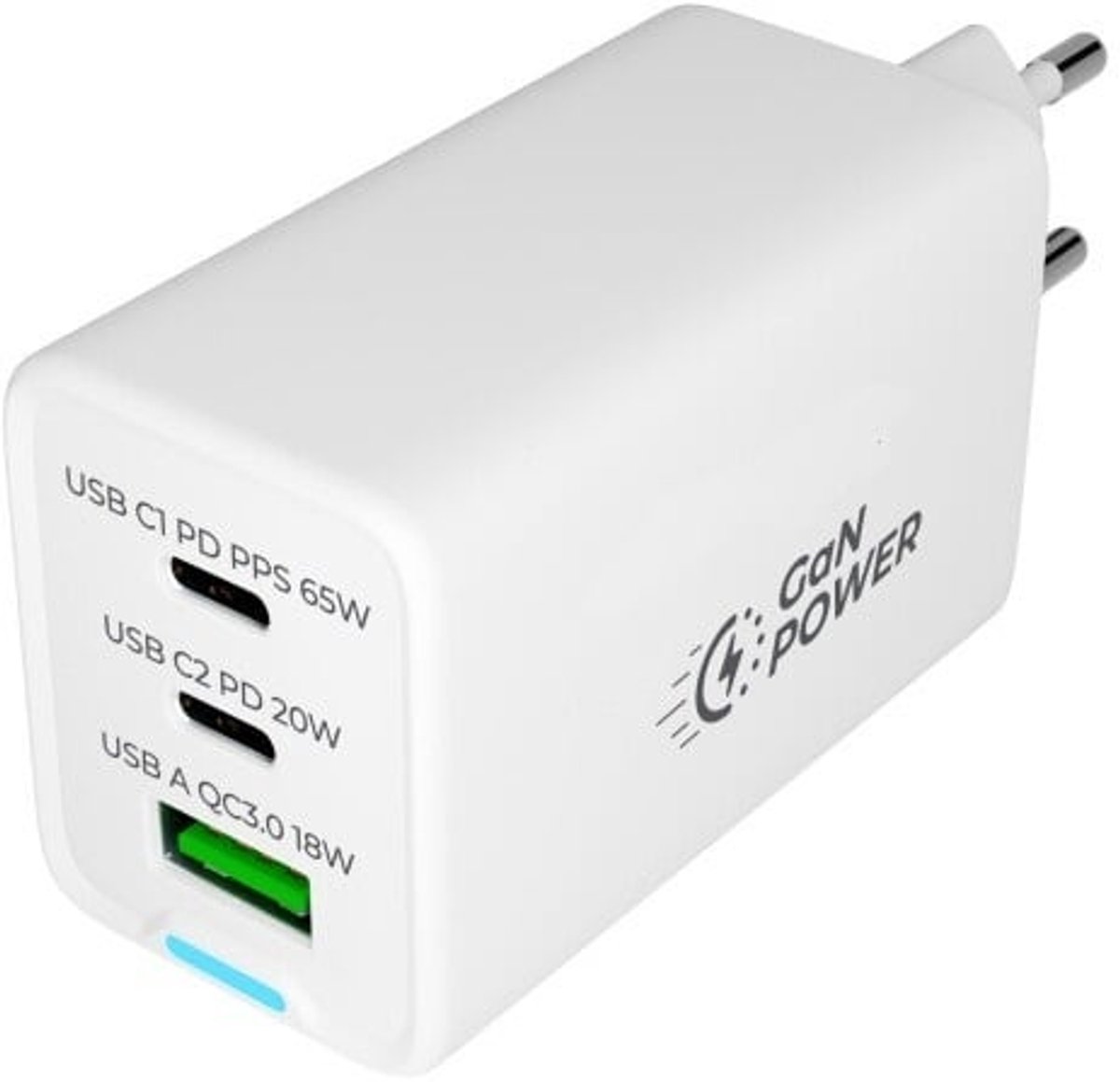 OneOne 50W super snellader met 3 poorten. USB A en 2x USB C. Compacte GAN Quick Charge lader. PD PPS oplader adapter past op Universeel Samsung Galaxy, Motorola Moto, Google Pixel, Kobo (Rakuten), Apple iPhone / iPad