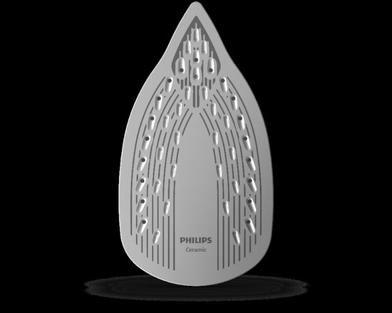 Witte keramische zoolplaat van een Philips strijkijzer met een patroon van gaatjes en groeven.