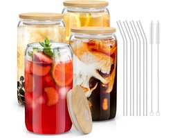 Sipy Drinkglazen (4 stuks) met Bamboe deksel en glazen rietje – Bubble tea beker – Longdrinkglazen – Ijs koffiebeker – Mason Jar – cocktailglazen – Smoothie beker