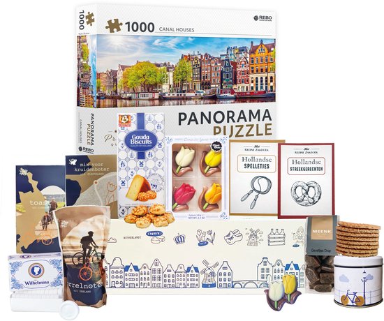 Holland Pakket 3 - Cadeaupakket - Kerstpakket - Geschenkpakket - Pakket met Grachtenhuis Puzzel en diverse Hollandse lekkernijen en cadeautjes