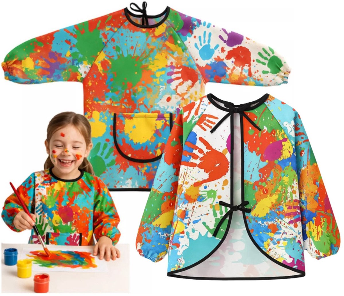 Kruzzel Knutsel schort/verfschort voor kinderen - 5x - met zak - 4-6 jaar - multi kleuren - waterdicht