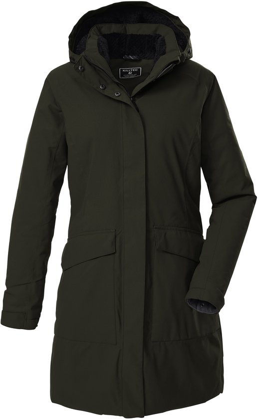 Parka pour femme Killtec vert foncé avec capuche, doublure noire et deux poches avant.