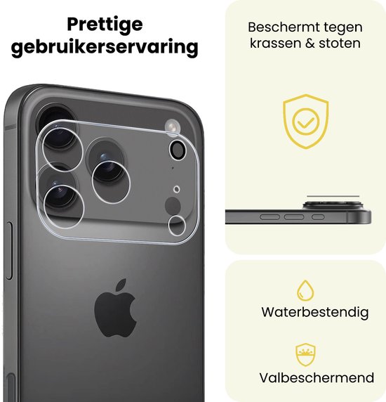 Beschermt tegen krassen & stoten, waterbestendig en valbeschermend. Een iPhone met cameralens protector wordt getoond.