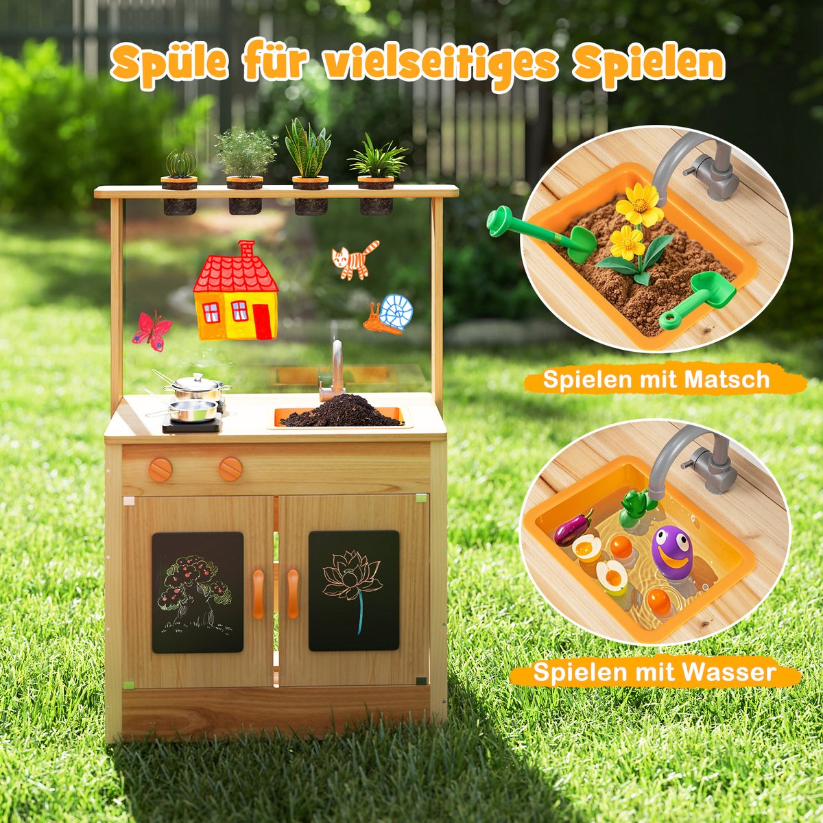 COSTWAY Modderkeuken voor kinderen, outdoor, kinderkeuken, hout met plantenpotten en kookaccessoires, speelkeuken met kraan, gootsteen en borden, outdoor keuken voor kinderen vanaf 3 jaar — afbeelding 4