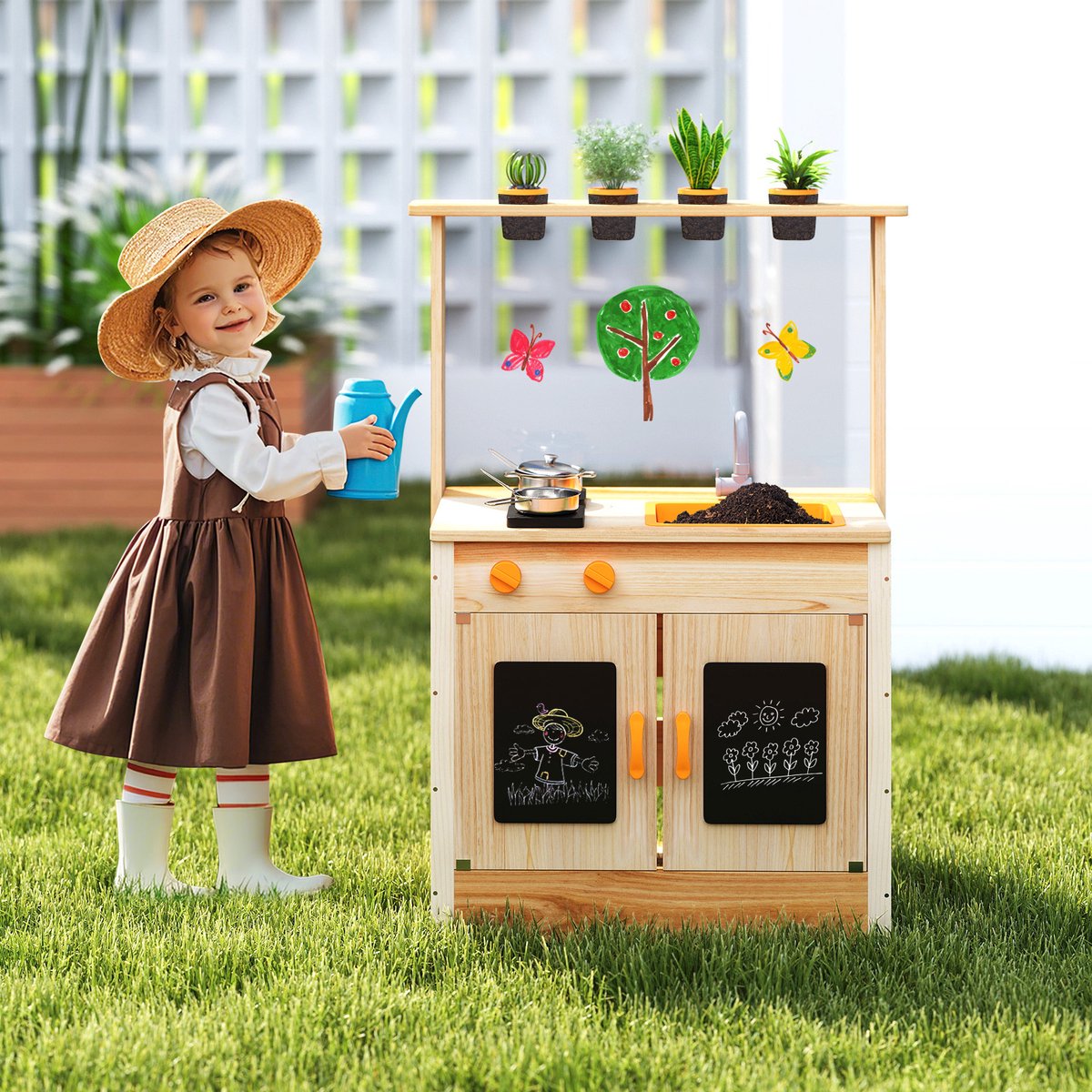 COSTWAY Modderkeuken voor kinderen, outdoor, kinderkeuken, hout met plantenpotten en kookaccessoires, speelkeuken met kraan, gootsteen en borden, outdoor keuken voor kinderen vanaf 3 jaar — afbeelding 7