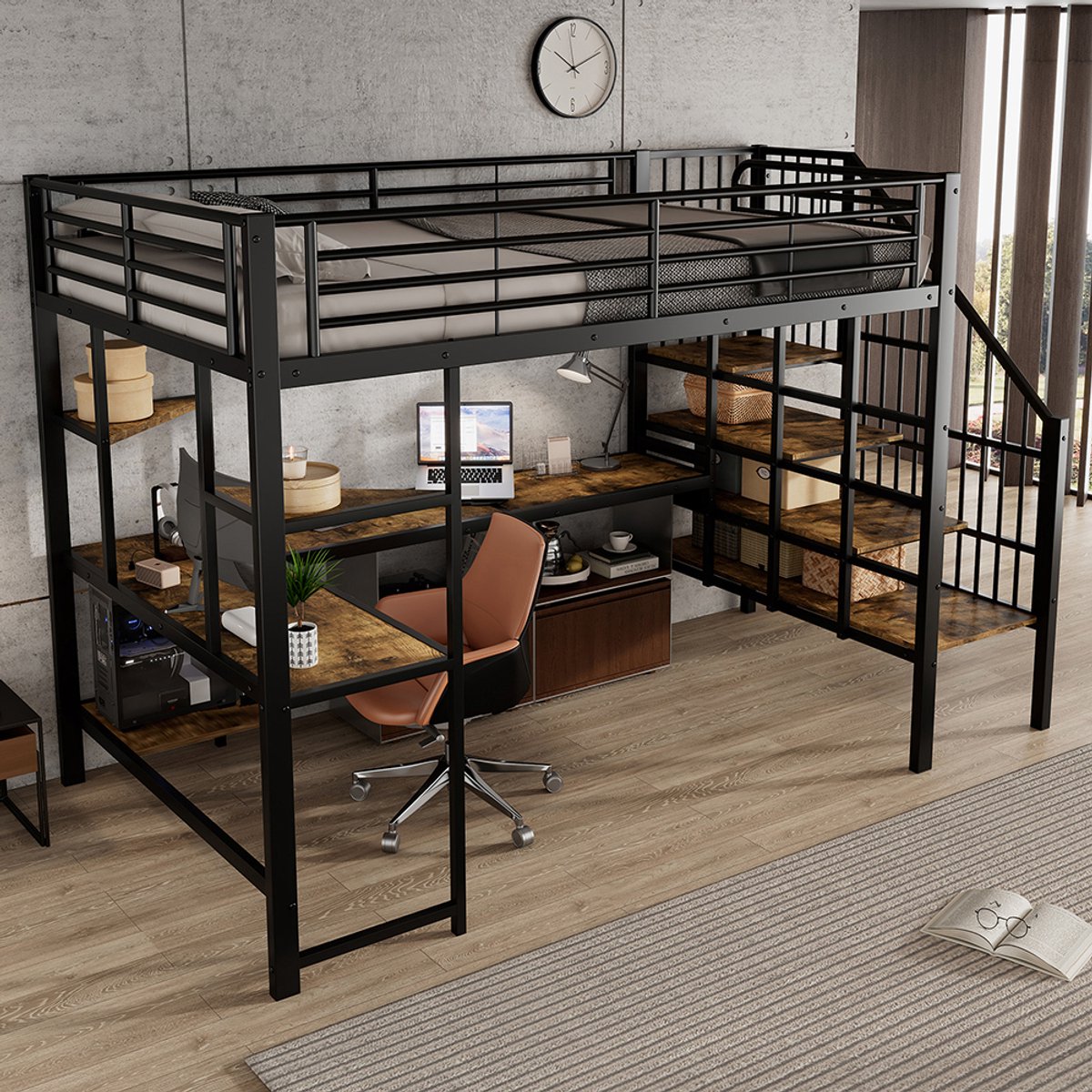 BLACKCOLORS IJzeren bed, stapelbed, met oplaadpunt, comfortabele en veilige hoekladder, bureau met toetsenbordsteun en opbergruimte, ijzer + MDF, zwart + donker, 120 x 200 cm