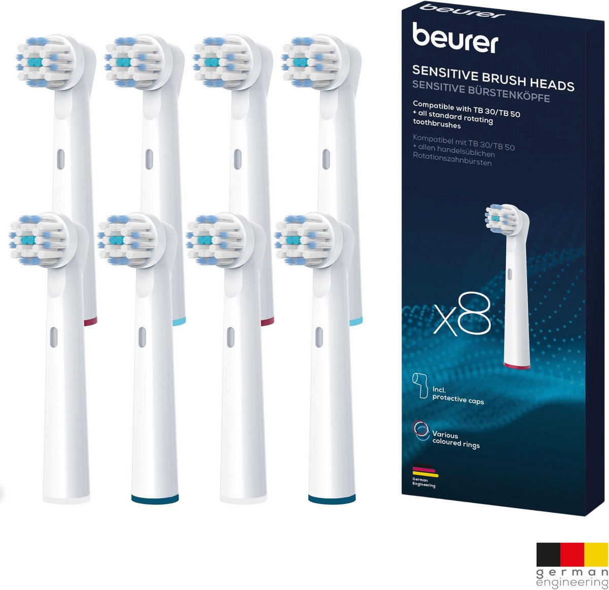 Beurer Sensitive Opzetborstels – Set van 8 – Compatibel met TB 15, TB 30, TB 50, Oral-B* & alle gangbare roterende tandenborstels – Met Beschermkap & Kleurringen – 3 Jaar Garantie