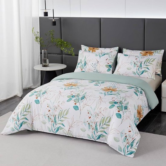 Foto: Dekbedovertrek set met bloemen en eucalyptus modern beddengoed 1 set groen wit 200 x 200 cm