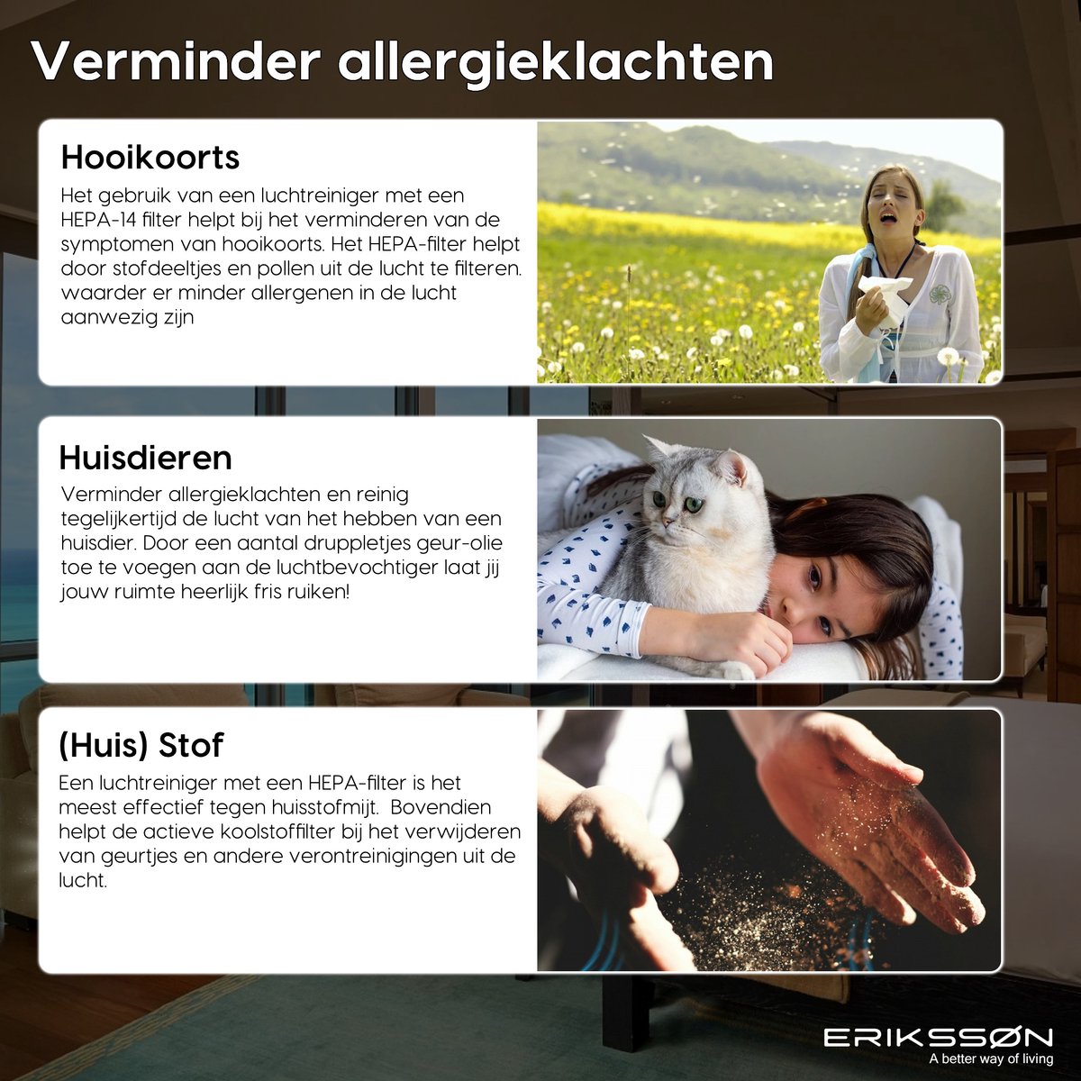 Erikssøn Luchtreiniger Prime - Wit - 70 m3/u - Vermindert Stof En Pollen - Met Hepa Filter - Air Purifier — afbeelding 5