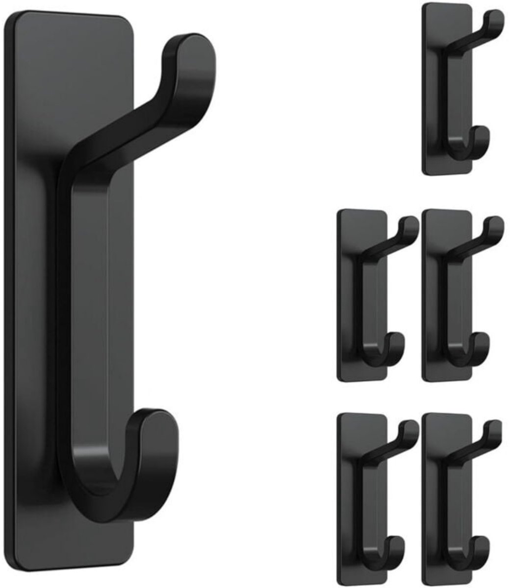 EXCITAT Zelfklevende wandhaken - Handdoekenrek voor in de badkamer - Handdoekenrek voor in de keuken - Zelfklevende garderobe - Wandmontage - Geen boren nodig - Waterdicht - Roestbestendig - Zwart - 6 stuks