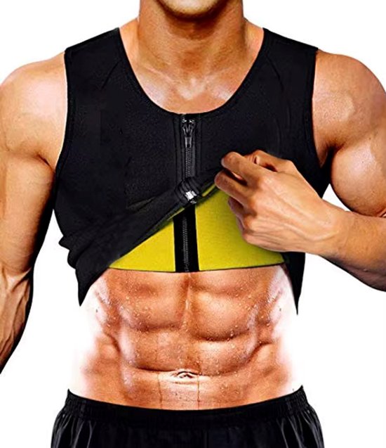 Homme musclé avec un torse défini portant un gilet noir zippé à doublure jaune. Des gouttes de sueur sont visibles.