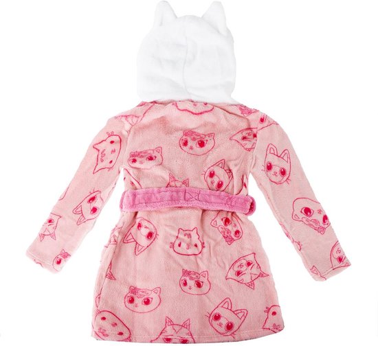 Achterkant van roze badjas met all-over kattenprint en fuchsia roze ceintuur.