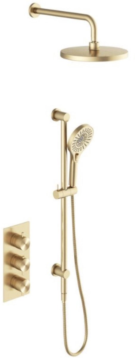 Owen & Finch Messing Doucheset – Geborsteld Champagne Goud | Brushed Champagne Gold (PVD) | Thermostaatkraan met Diamantkarteling, Handdouche & Regendouche Ø250mm