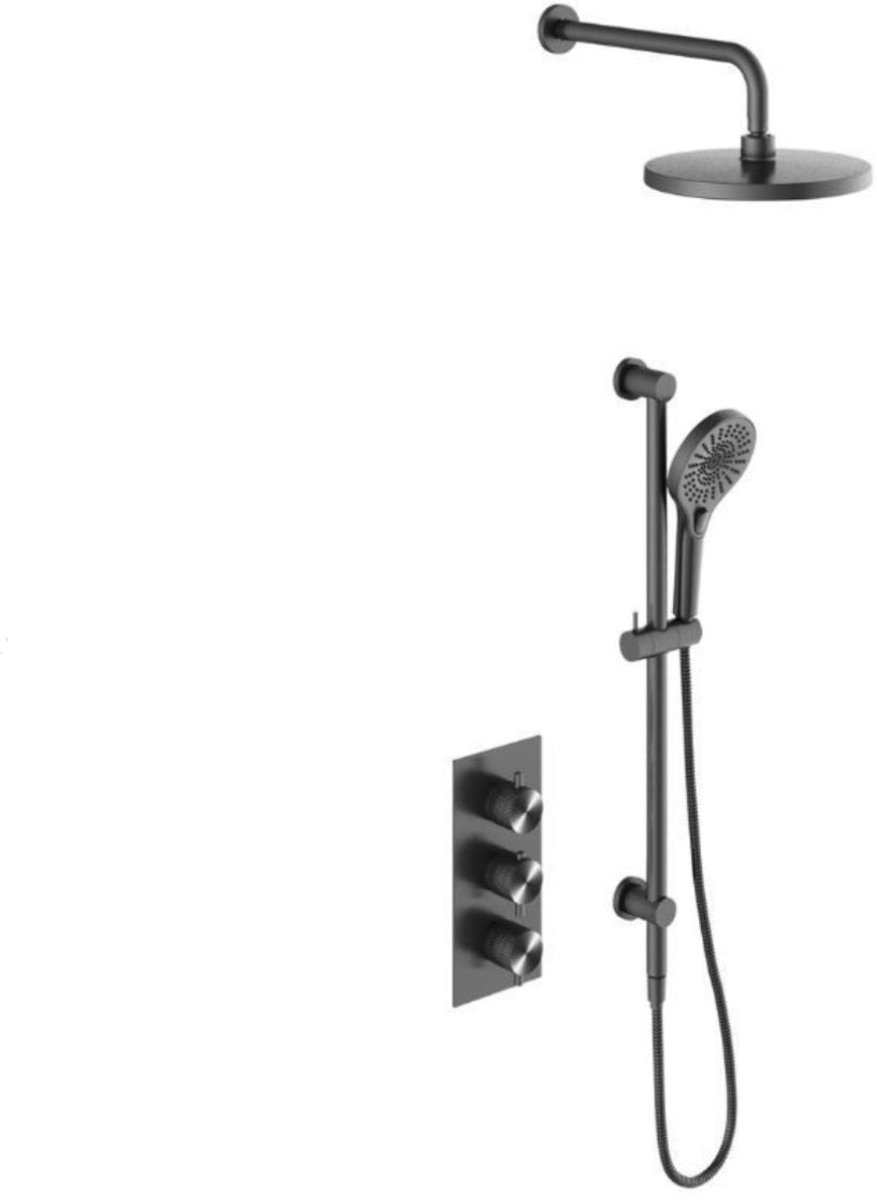 Owen & Finch Messing Doucheset – Geborsteld Grafiet | Brushed Graphite | Gun Metal (PVD) | Thermostaatkraan met Diamantkarteling, Handdouche & Regendouche Ø250mm