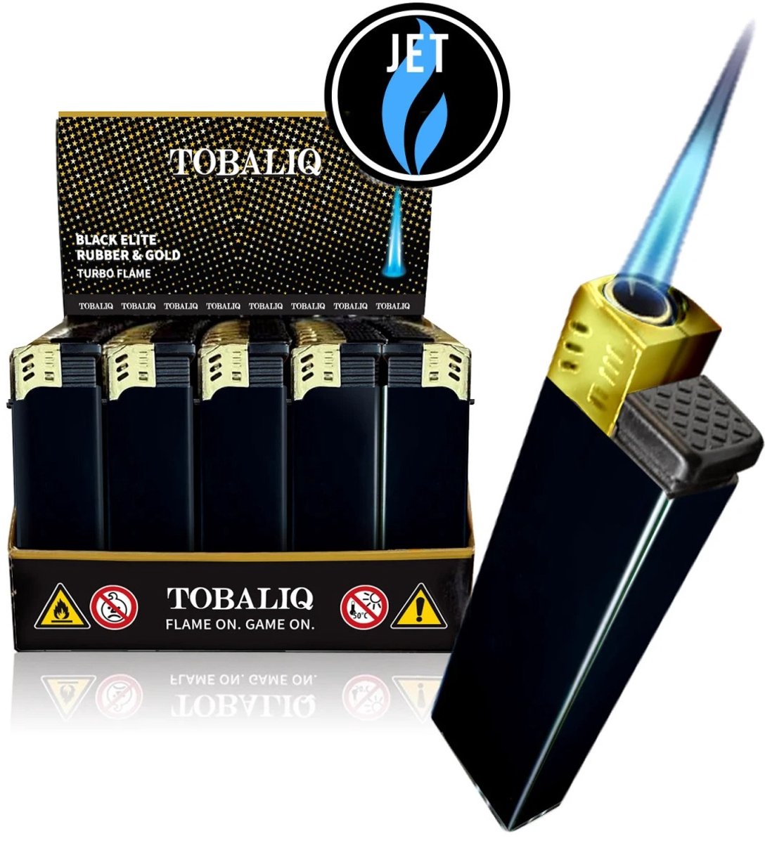 Tobaliq - Display 50 stuks- Turbo Aansteker - Design 3D JET-Motiefaansteker Black Elite - Aansteker - Navulbaar - Stormaansteker - Vuurwerk aansteker - BBQ