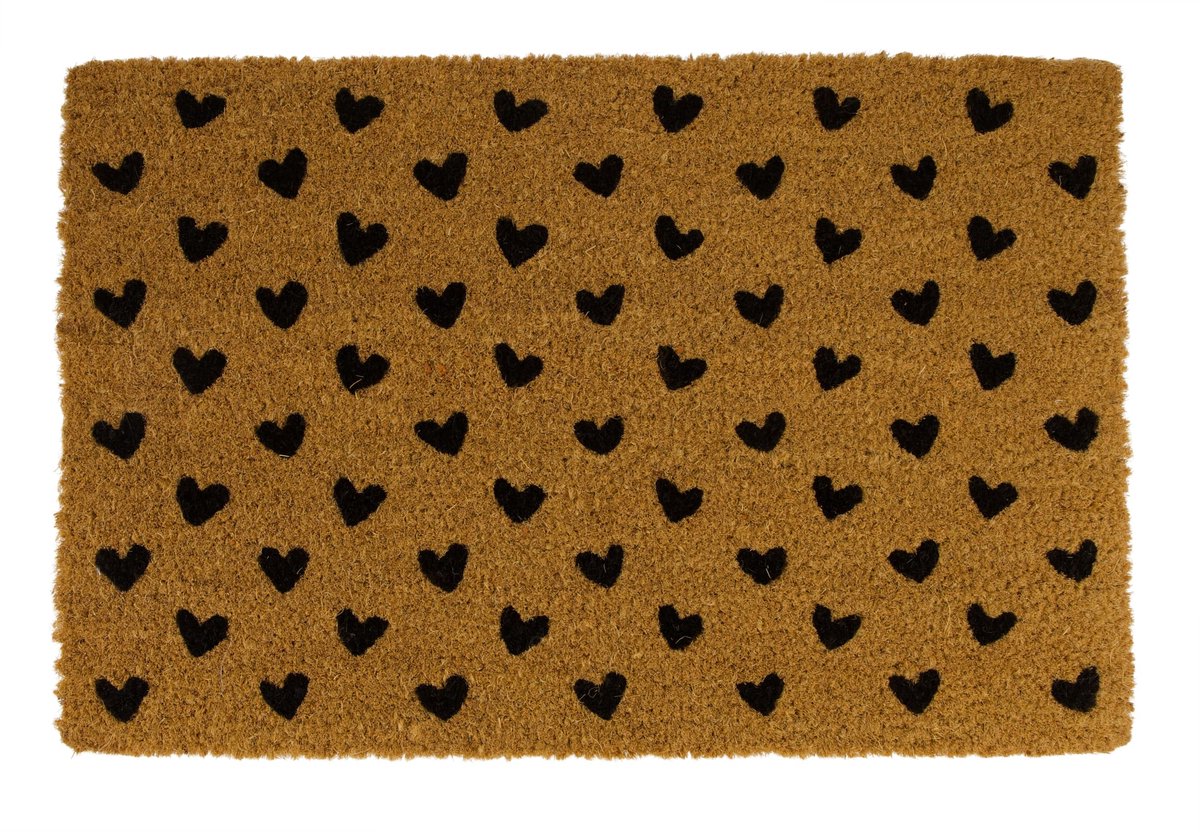 Deurmat rectangular hartjes coco 58x38x1.5cm - zwart